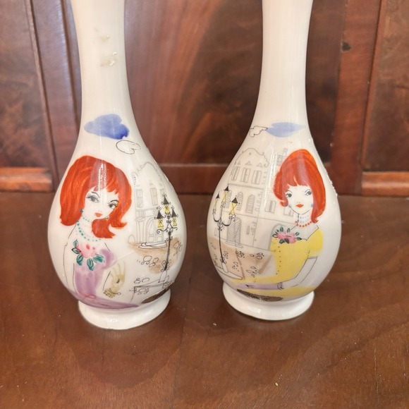 Vintage Enesco Femme Faire Hand Painted Girl Vases Pair Mid Century 6" - Picture 2 of 11